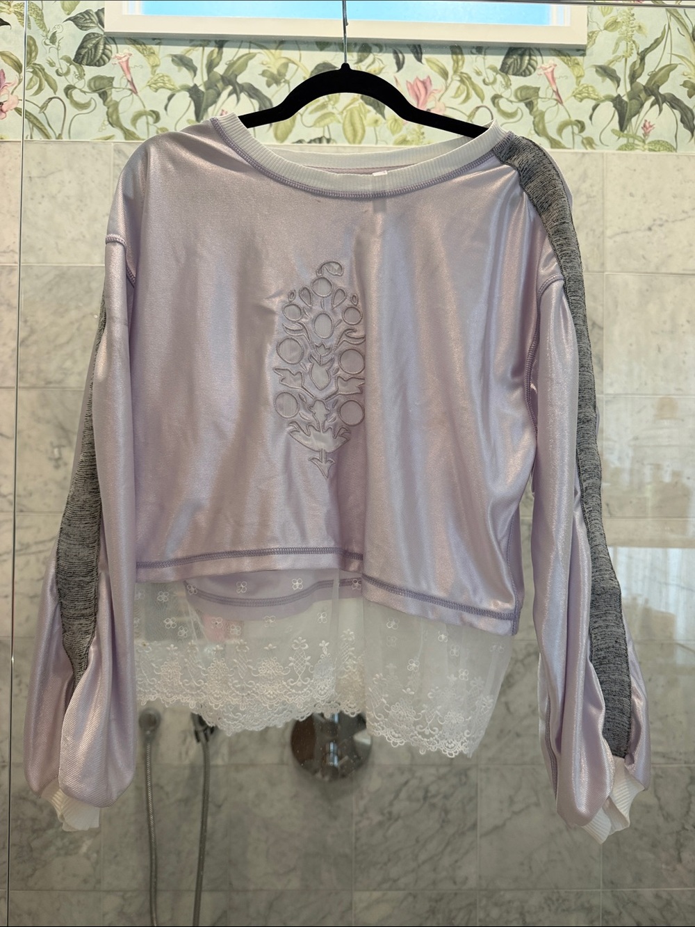 Women's Lilac Shimmer Lace-Hem Pullover Top